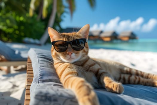 tabby cat with sunglasses laid on tropical beach, vacation theme. Neural network generated image. Not based on any actual person or scene.