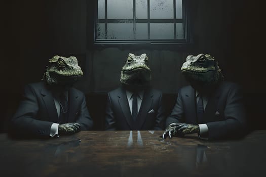 Three reptile men in business suits sitting at the table in dark room, secret world government concept. Neural network generated image. Not based on any actual scene or pattern.