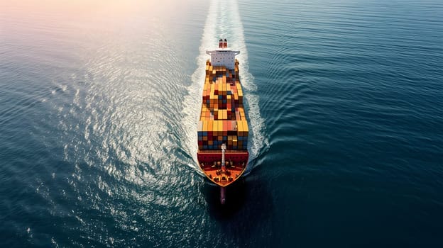 Cargo ship full of standard shipping containers at the sea during shipping at day time. Neural network generated image. Not based on any actual scene or pattern.