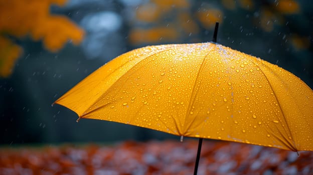 Close up, yellow umbrella under rainfall against a background of autumn leaves. Concept of rainy weather. Neural network generated image. Not based on any actual scene or pattern.