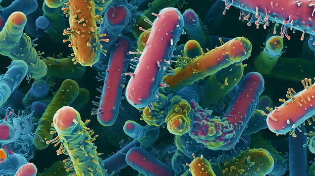 Diverse colorful abstract microbiome, containing many different types of microorganisms. Neural network generated in January 2024. Not based on any actual scene or pattern.