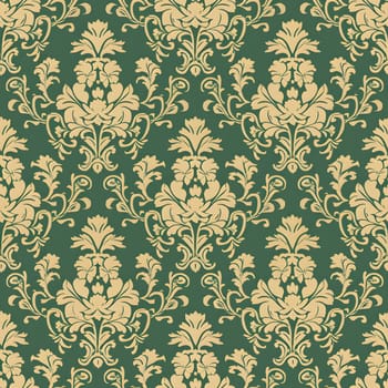 Seamless texture of green and gold damask pattern. Neural network generated image. Not based on any actual scene or pattern.