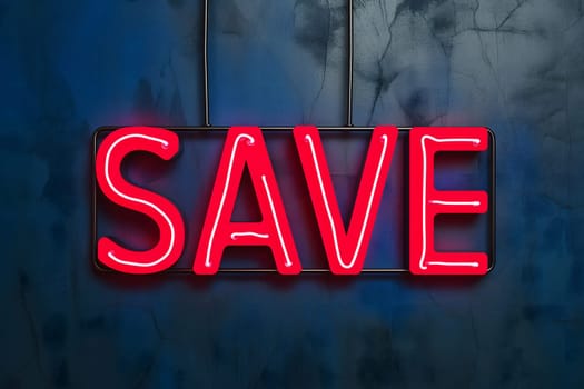 Neon word save on dark shabby wall. Neural network generated image. Not based on any actual scene or pattern.