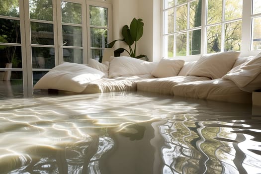Home Floor Flooded, Showcasing Water Damage And Potential Issues. Neural network generated image. Not based on any actual scene or pattern.