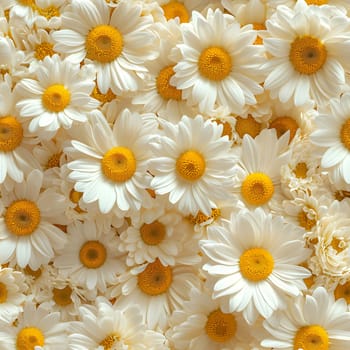 A Lot Of White Yellow Daisies or chamomile flowers - for full-frame background and seamless texture. Neural network generated image. Not based on any actual scene or pattern.