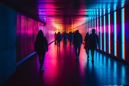A group of people walking down a hallway with colorful lights. Neural network generated image. Not based on any actual scene or pattern.