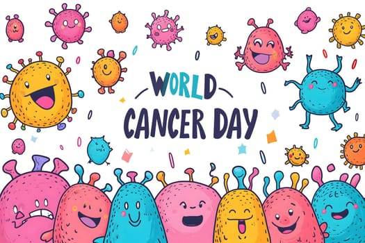 Simple cartoon world cancer day background with the inscription on it, surrounded with colorful happy tumors. Neural network generated image. Not based on any actual scene or pattern.