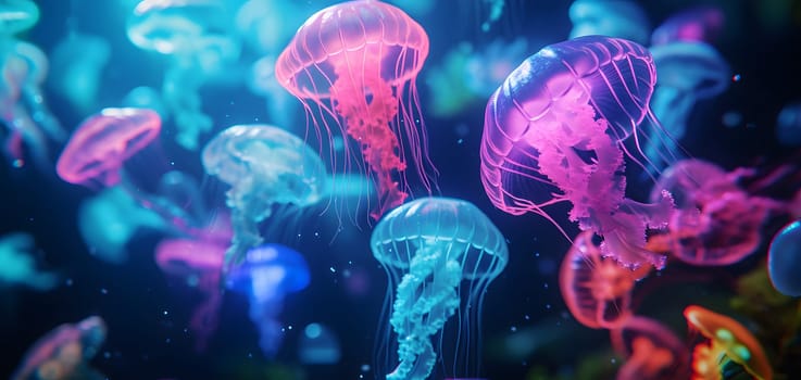 glowing sea jellyfishes on dark background, neural network generated art. Neural network generated in January 2024. Not based on any actual scene or pattern.