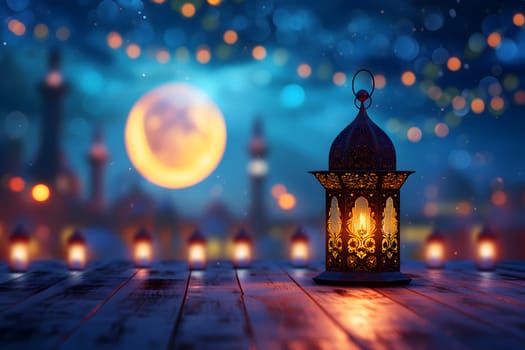 fanous Ramadan lanterns on a table at night with mosque in the background. Neural network generated in January 2024. Not based on any actual scene or pattern.