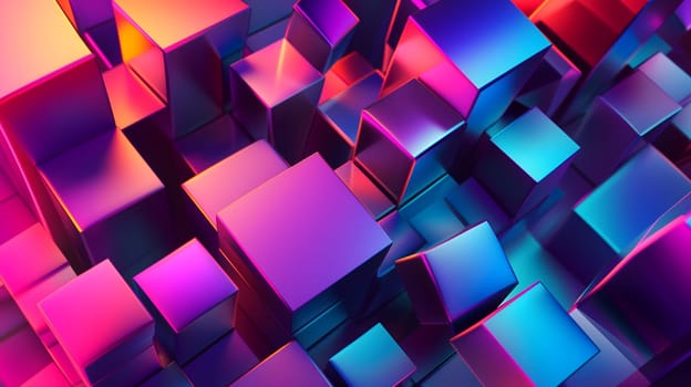 Abstract background of glass cubes with colorful orange and pink lighting. Neural network generated in January 2024. Not based on any actual scene or pattern.