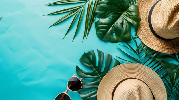Hats, sunglasses, palm tree leaves on blue background. Blank, top view, still life, flat lay. Sea vacation travel concept tourism and resorts. Summer holidays. Neural network generated image. Not based on any actual scene or pattern.