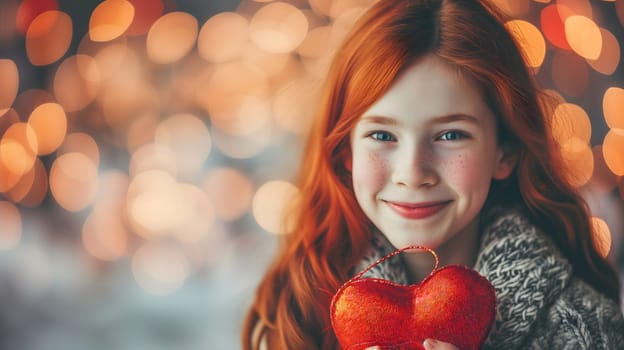 Beautiful redhead girl with gift for Valentines Day with bokeh at background. Neural network generated image. Not based on any actual person or scene.