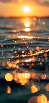 Sunset bokeh on water: golden sky over a body of water, with the light reflecting and creating a bokeh effect.. Neural network generated image. Not based on any actual scene or pattern.