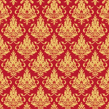 Seamless texture of red and gold damask pattern. Neural network generated image. Not based on any actual scene or pattern.