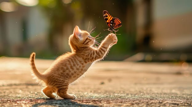 An adorable little kitten is catching a beautiful butterfly on the street in summer. AI generated