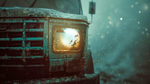 Close up view of a headlight and grill of  an old pick up truck. AI generated