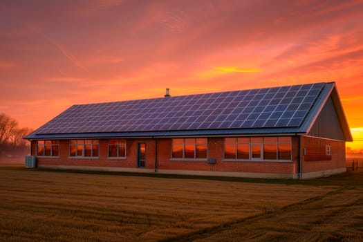 Solar panels on a house roof, sunset sky background. Renewable green energy concept. AI generated