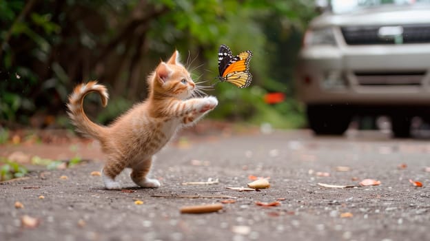 An adorable little kitten is catching a beautiful butterfly on the road in summer. AI generated