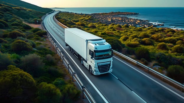White European semitruck is seen from the sky on a highway backed by vegetation. Neural network generated image. Not based on any actual scene or pattern.