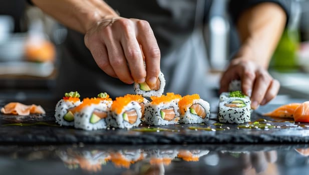 Chef Skillfully Decorating Sushi Rolls with Fresh Salmon