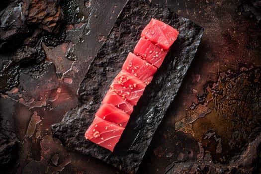 Tuna sashimi lies on a rectangular plate made of volcanic stone, flat lay view. AI generated