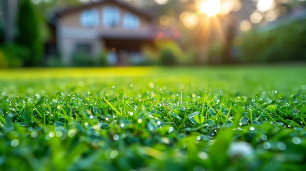 Sunrise over dewy grass in residential garden