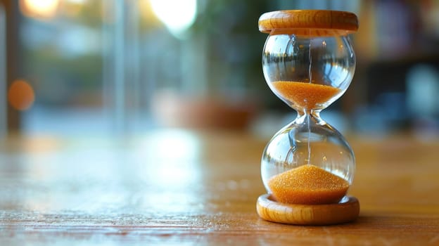 Hourglass on wooden table. Time management concept.