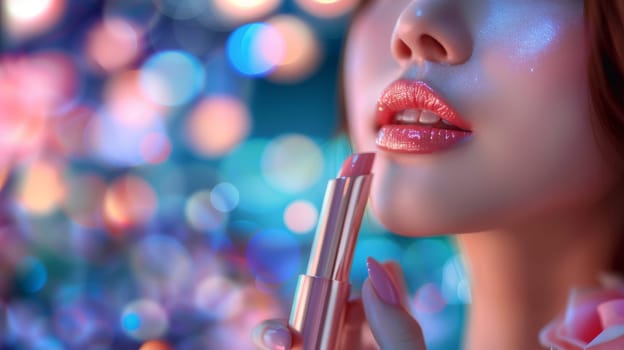 Elegant Woman Applying Golden Lipstick
