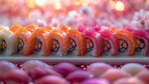 Assortment of colorful sushi rolls on a white plate