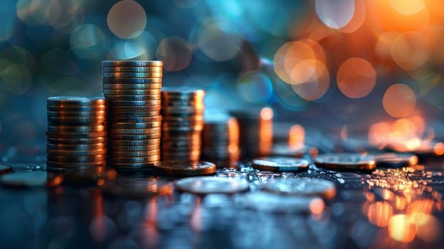 Coins stacked on each other with bokeh background. Financial concept.