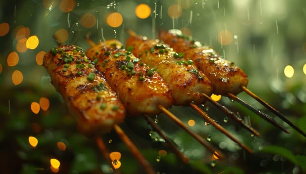 Grilled Chicken Skewers Glistening in Rain