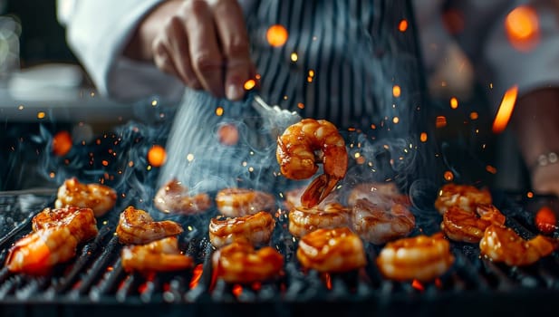 Professional Chef Grilling Succulent Shrimps on Barbecue