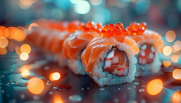 Sushi roll with salmon and caviar on a blue background with bokeh