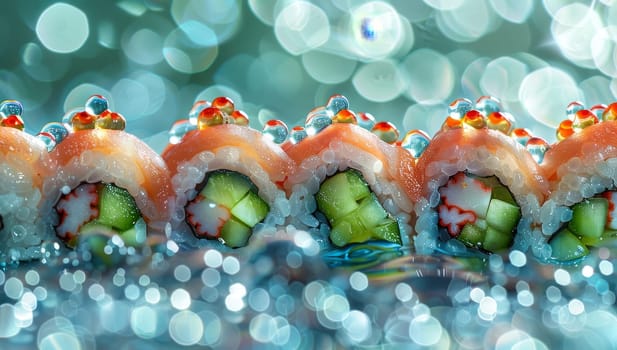 Sushi roll with salmon and cucumber on bokeh background