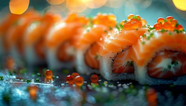 Elegant sushi rolls with fresh salmon and caviar
