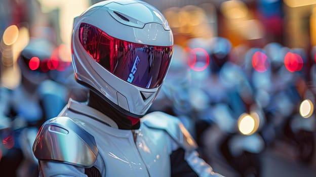 Modern White Motorcycle Helmet in City Lights