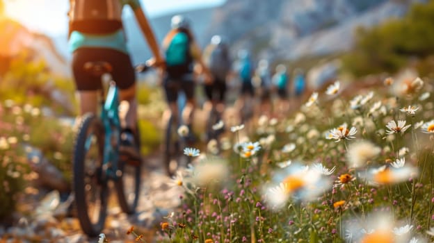 Group of cyclists riding amidst blooming daisies in sunlit field