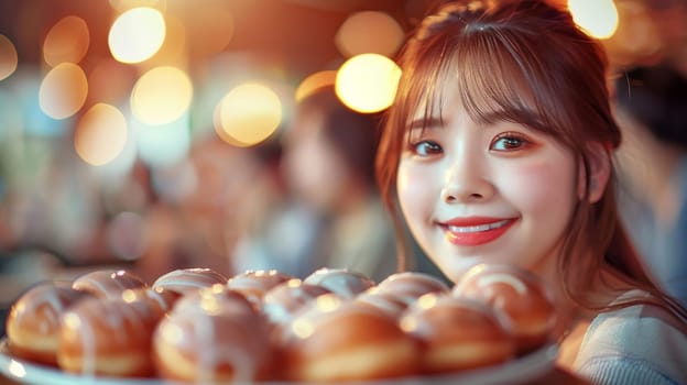 Beautiful young asian woman with sweet donuts in cafe.