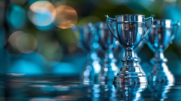 Trophy cup on blue bokeh background, winner concept.
