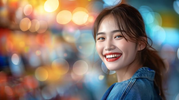 Smiling Asian Woman in Denim Jacket with Colorful Bokeh Lights