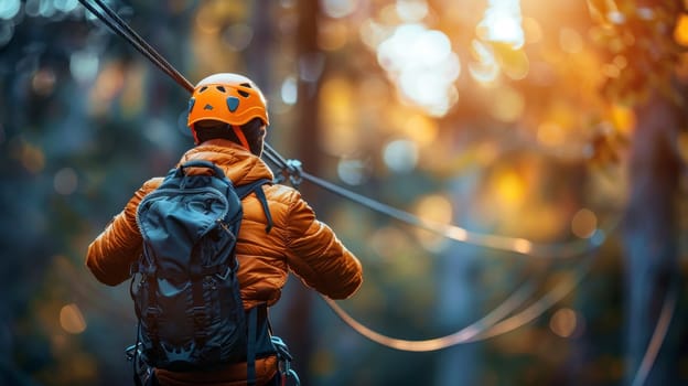 Boy in safety gear on forest adventure