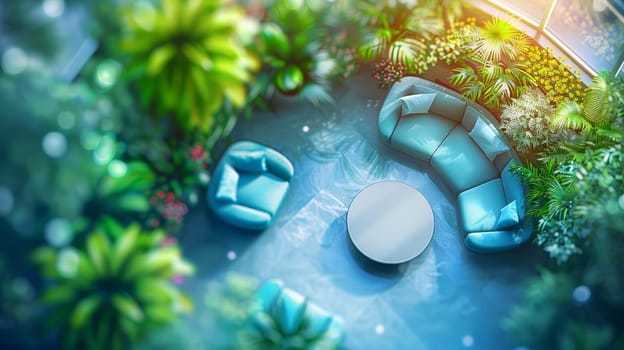 Blue Sofa in a Vibrant Green Garden