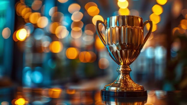 Golden trophy cup on blurred bokeh background. Award concept.