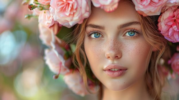 Close-up portrait of a beautiful girl with pink flowers in her hair