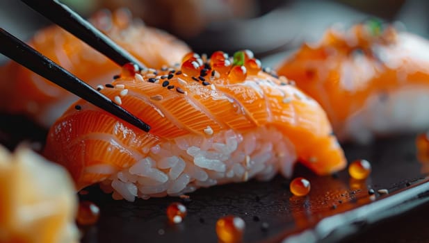Closeup of Salmon Sushi with Chopsticks