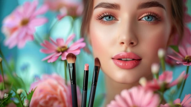 Woman with Makeup Brushes Among Flowers