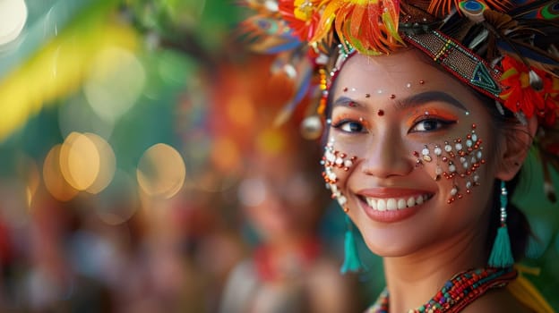 Colorful Traditional Headdress Adorned Woman Close Up