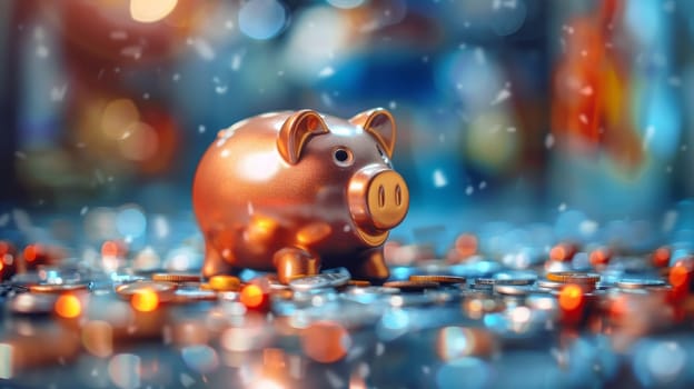 Piggy bank with coins on the background of bokeh.