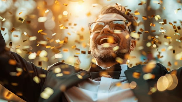 Cheerful man in a bow tie and glasses enjoying the falling golden confetti.
