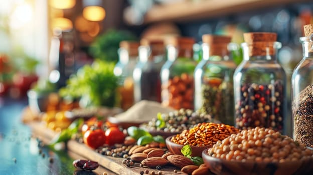 Assortment of spices and herbs in glass bottles on wooden table